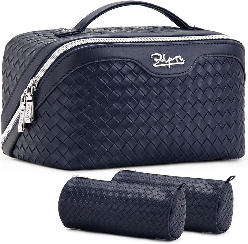 BOYATU Travel Makeup Bag Cosmetic Bags for Women: Large Capacity 3 Pcs Set Make up Bag with Compartments - Waterproof Vegan Leather Toiletry Organizer Bags with Handle (L34 Dark Blue) - Image 1
